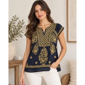 Roberta Roller Rabbit Tunic Navy Blue Gold Embroidered Cotton Boho Blouse XS